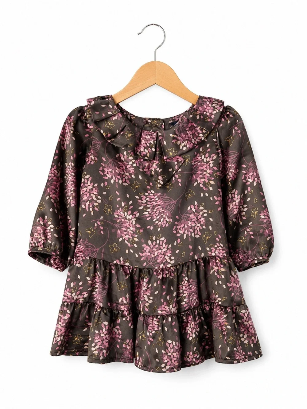 GAP Toddler Girls Satin Floral Ruffle Dress Brown Pink Tiered SZ 2T Cottagecore